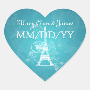 Elegant Wedding Date Romantic Paris Blue Hart Sticker