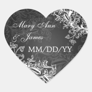 Elegant Wedding Date  Swirls Black Hart Sticker