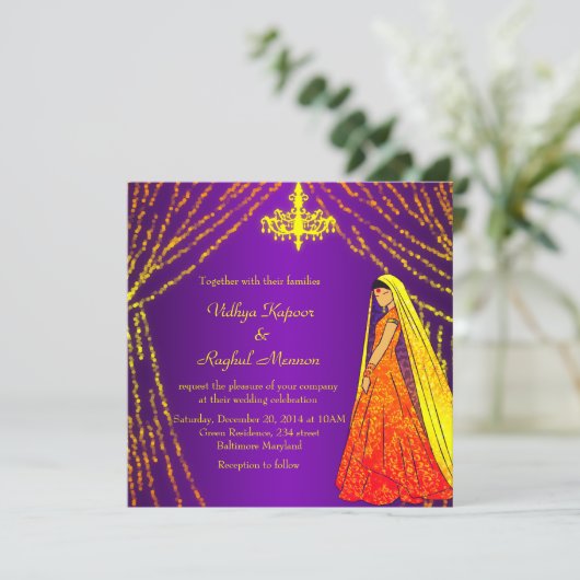 Elegant Wedding Dress Lights Chandelier Uitnodigin Kaart (Staand voorkant)