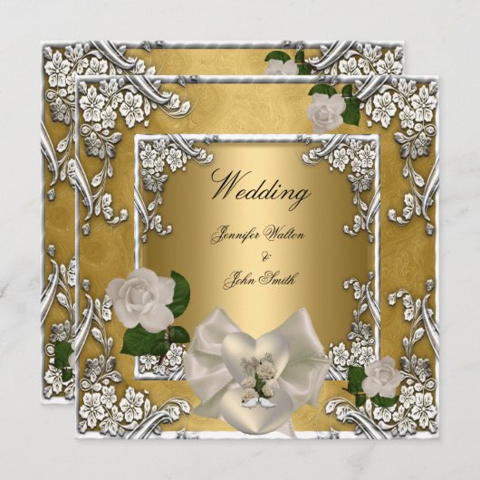 Elegant Wedding Gold Cream Roos Silver Kaart (Voorkant / Achterkant)