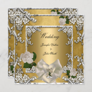 Elegant Wedding Gold Cream Roos Silver Kaart