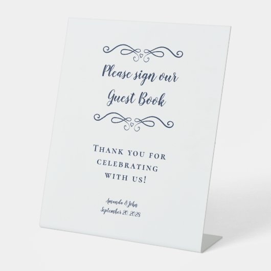 Elegant Wedding Guest Book Calligraphy Navy Blue Reclamebord Met Voetstuk (Voorkant)