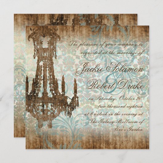Elegant Wedding Invitation Chandelier Wood Kaart (Voorkant / Achterkant)