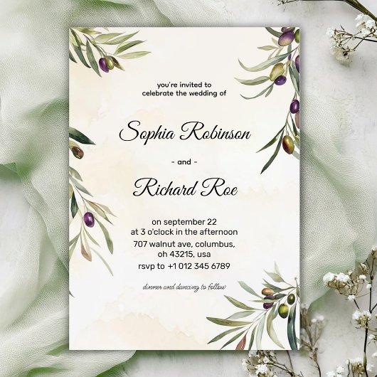 Elegant wedding invitation with floral olive kaart