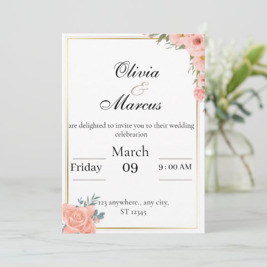Elegant wedding invitation with  gold frame  (Debout devant)