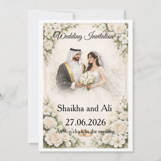 Elegant Wedding Invitation with White Flowers and (Devant)