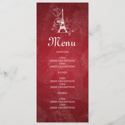 Elegant Wedding Menu Romantic Paris Red (Achterkant)