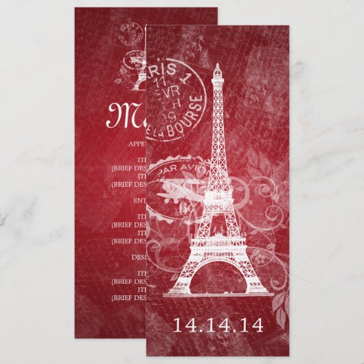 Elegant Wedding Menu Romantic Paris Red (Voorkant / Achterkant)