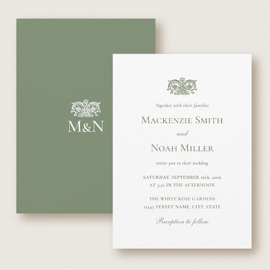 Elegant Wedding Monogram Invitation Ornate Green