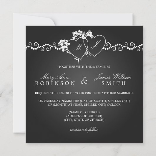 Elegant Wedding Monogrammed Hearts Black Kaart (Voorkant)