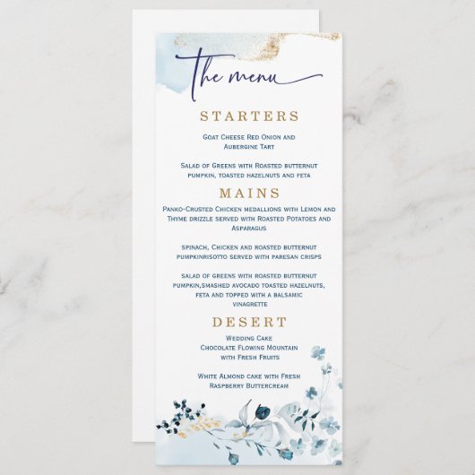 Elegant Wedding Navy Blue en Gold Menu (Voorkant / Achterkant)