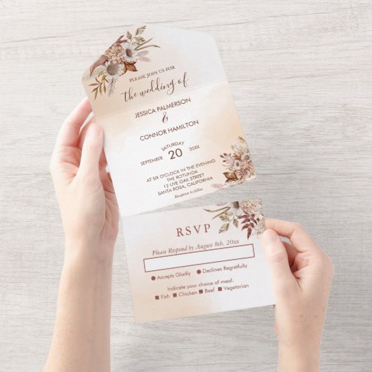 Elegant Wedding Pink tones Herfst Rustic All In One Uitnodiging (Afscheurbaar)