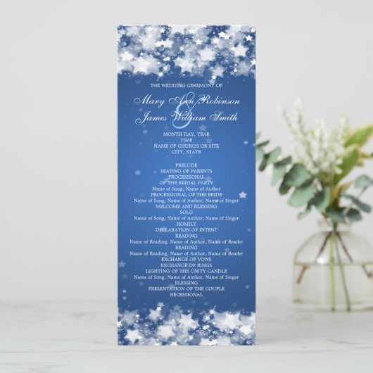 Elegant Wedding Program Dazzling Stars Blue Programma (Staand voorkant)