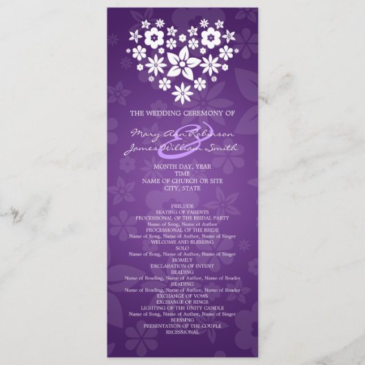 Elegant Wedding Program Flowery Heart Paars Programma (Voorkant)