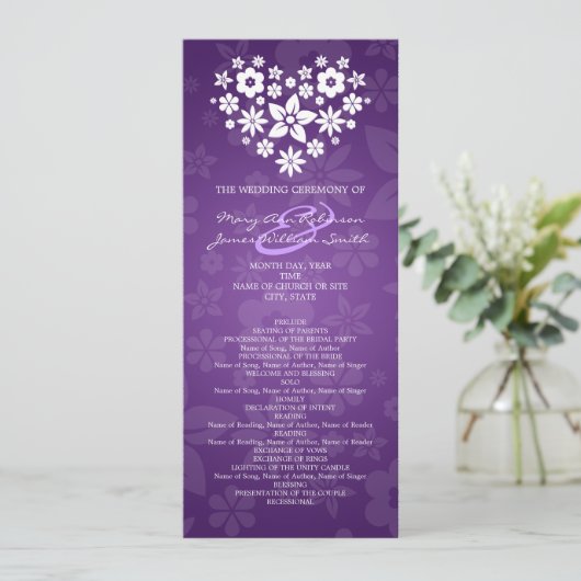 Elegant Wedding Program Flowery Heart Paars Programma (Staand voorkant)