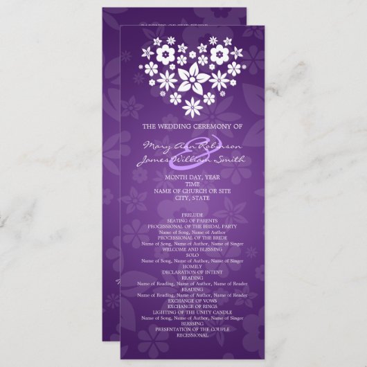 Elegant Wedding Program Flowery Heart Paars Programma (Voorkant / Achterkant)