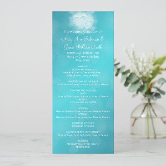 Elegant Wedding Program Modern Hearts Blue Programma (Staand voorkant)