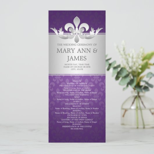 Elegant Wedding Programme Fleur De Lis Paars Programma (Staand voorkant)