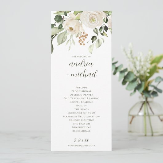 Elegant Wedding Programme Greenery White Floral Programma (Staand voorkant)