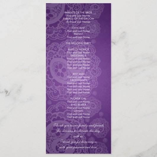 Elegant Wedding Programme Paisley Lace Paars Programma (Achterkant)