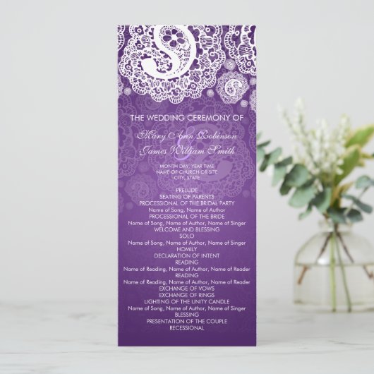 Elegant Wedding Programme Paisley Lace Paars Programma (Staand voorkant)