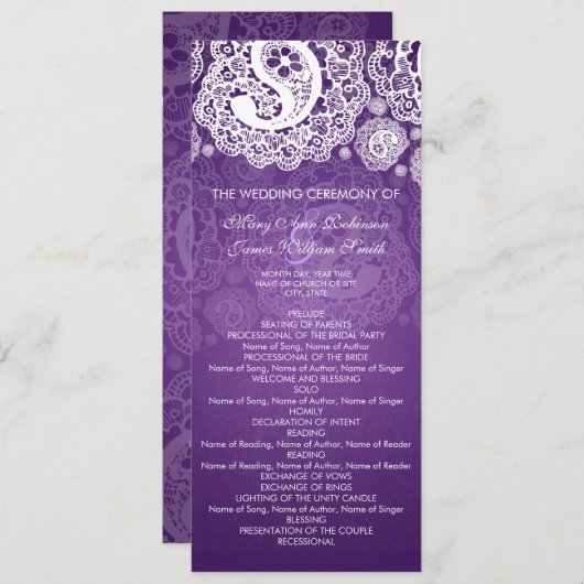 Elegant Wedding Programme Paisley Lace Paars Programma (Voorkant / Achterkant)