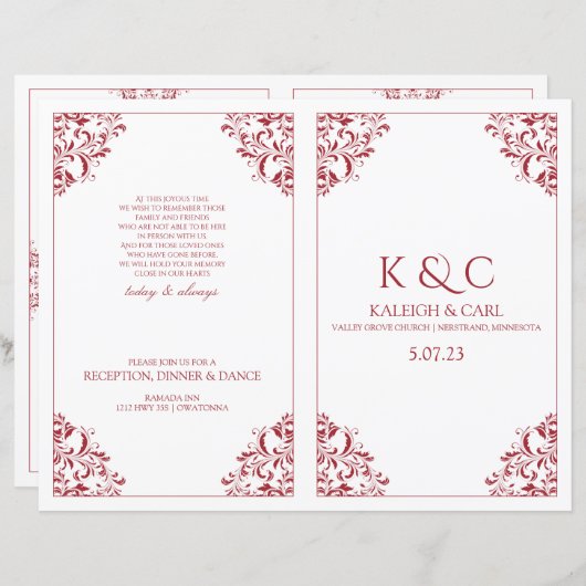 Elegant Wedding Programs - Foldover Booklet - Red (Voorkant / Achterkant)