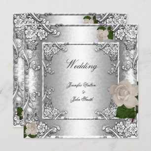 Elegant Wedding Roos Silver White 2 Kaart