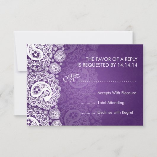 Elegant Wedding RSVP Paisley Lace Paars (Voorkant)