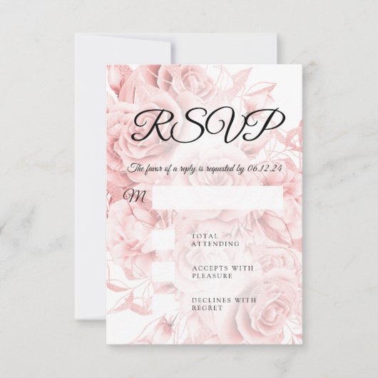 Elegant Wedding RSVP Simple Floral Black Roos Gold (Voorkant)