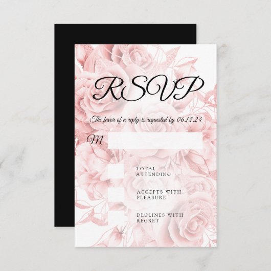 Elegant Wedding RSVP Simple Floral Black Roos Gold (Voorkant / Achterkant)