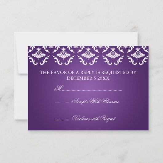 Elegant Wedding RSVP Vintage Damask Paars Kaartje (Voorkant)