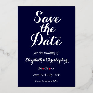 Elegant Wedding Save the Date Navy Blue Silver Folie Uitnodiging
