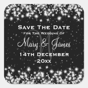 Elegant Wedding Save the Date Winter Sparkle Black Vierkante Sticker