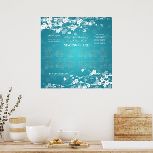Elegant Wedding Seating Chart Cherry Blossom Blue Poster (Keuken)