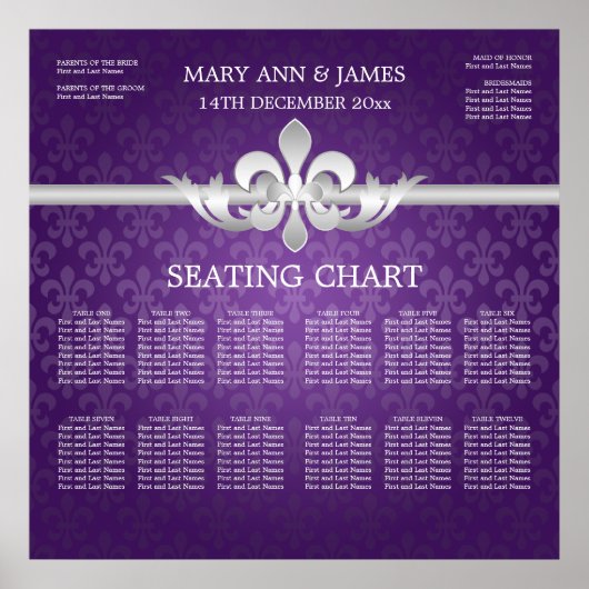 Elegant Wedding Seating Chart Fleur De Lis Paars Poster (Voorkant)