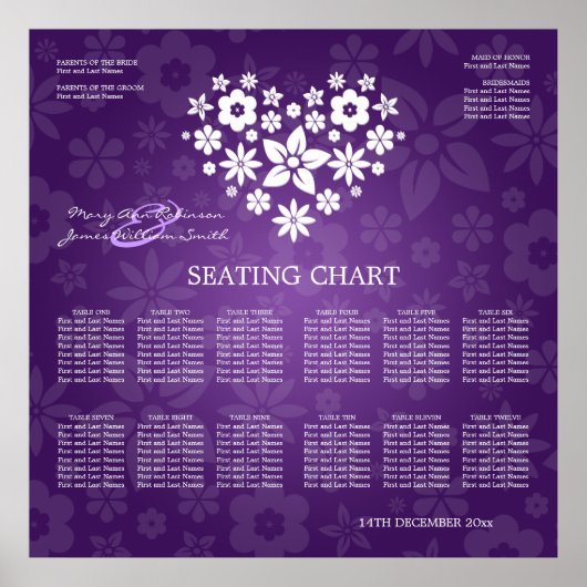 Elegant Wedding Seating Chart Flowery Heart Paars Poster (Voorkant)