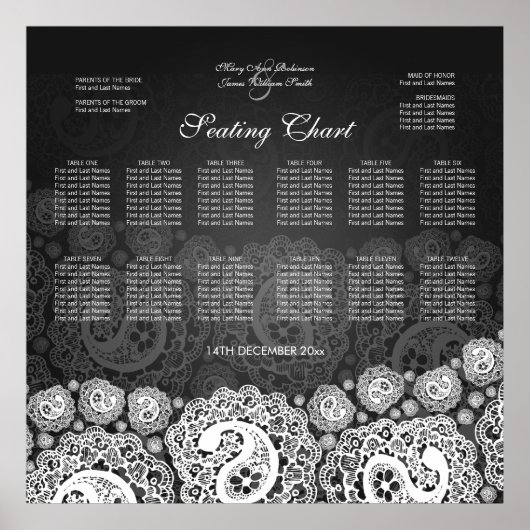 Elegant Wedding Seating Chart Paisley Lace Black Poster (Voorkant)