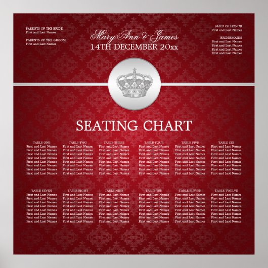 Elegant Wedding Seating Chart Royal Crown Red Poster (Voorkant)