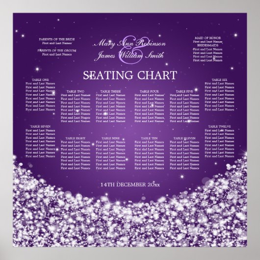 Elegant Wedding Seating Chart Star Sparkle Paars Poster (Voorkant)