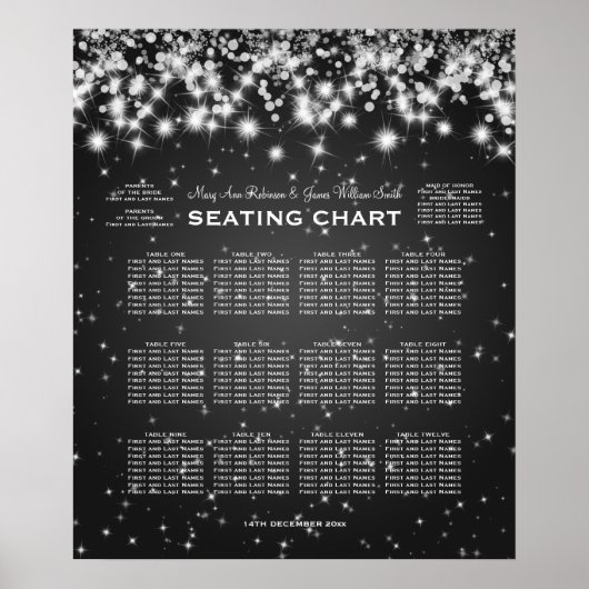 Elegant Wedding Seding Chart Winter Sparkle Black Poster (Voorkant)