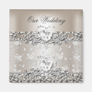 Elegant Wedding Silver Cream Diamond Heart Invitat Magneet