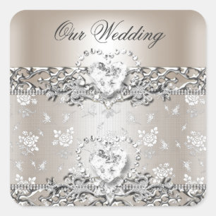 Elegant Wedding Silver Cream Diamond Heart Invitat Vierkante Sticker