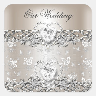 Elegant Wedding Silver Cream Diamond Heart Invitat Vierkante Sticker