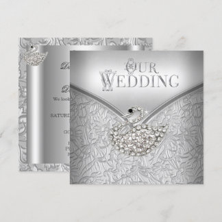 Elegant Wedding Silver Damask White Swan Kaart