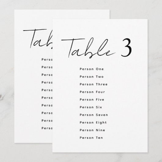 Elegant Wedding Table Number Script Seating Chart Kaart (Voorkant / Achterkant)
