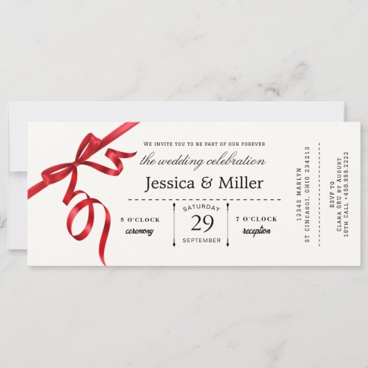Elegant Wedding Ticket Invitation with Red Ribbon (Devant)