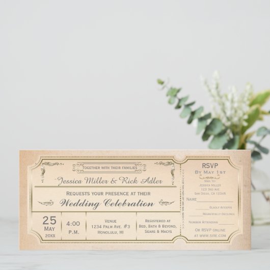 Elegant Wedding Ticket Uitnodiging met RSVP (Staand voorkant)