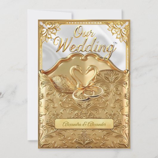 Elegant Wedding White Swans Rings Gold Diamonds Kaart (Voorkant)