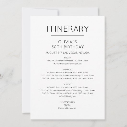 Elegant Weekend Birthday Itinerary Uitnodiging (Voorkant)